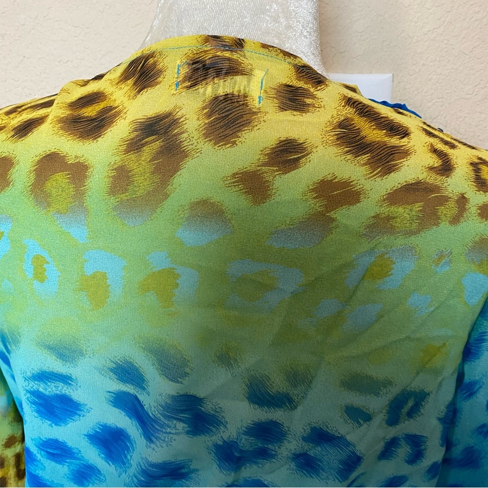 Moda Minx Dress Turquoise Leopard Print Long Sleeve Split Hem Maxi Size Small - Picture 9 of 10